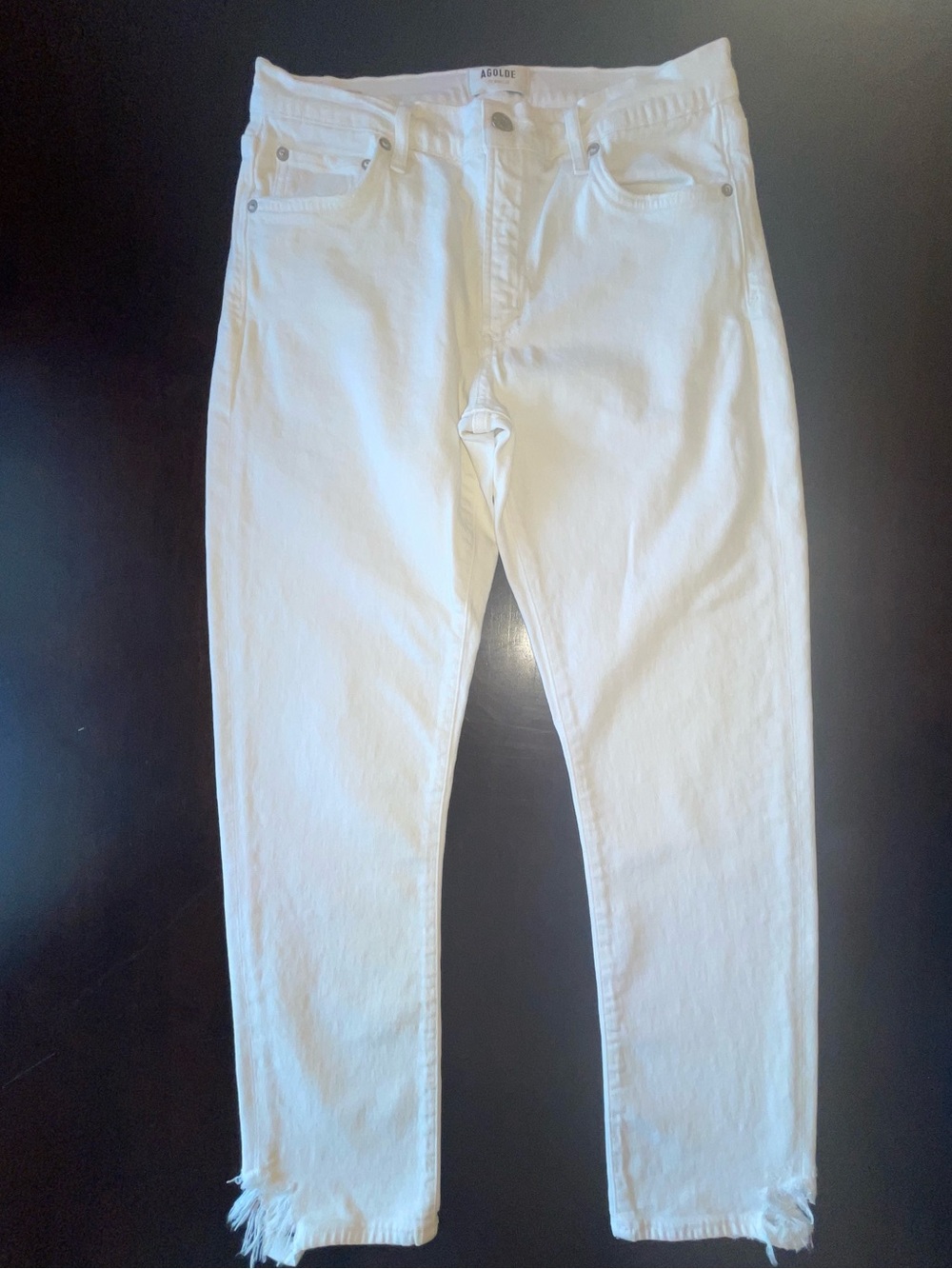 Agolde White Slim Straight Jeans with Frayed Hem